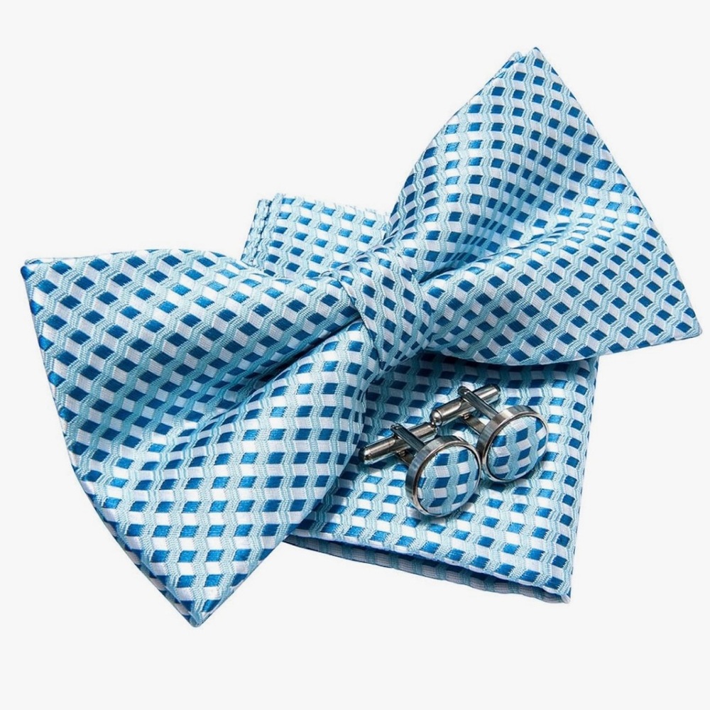 Wavy Zig Zag Stripe Pattern Woven Pre-tied Bow Tie (5"),Pocket Square Cufflinks